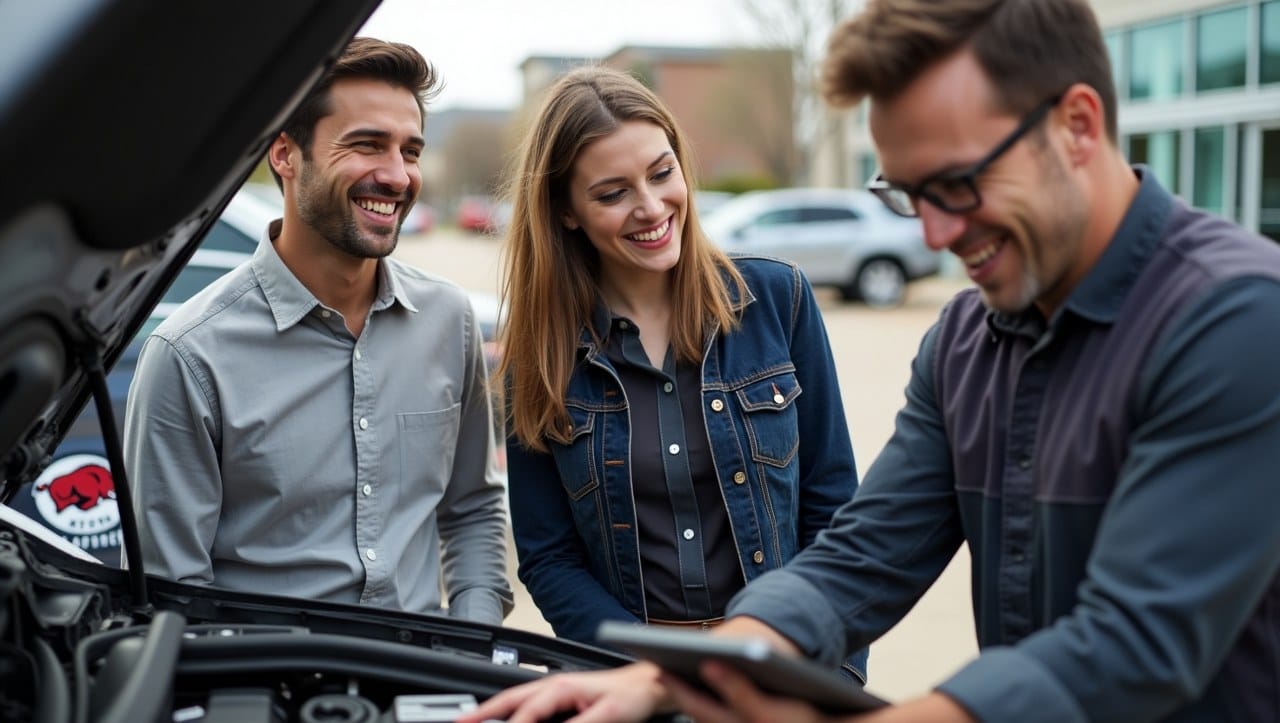 A smiling young couple in business attire watching a mobile mechanic service their vehicle in an office parking lot in Fayetteville, AR. The mechanic is checking under the hood with tools and a diagnostic tablet. In the background: a Razorbacks bumper sticker and faint silhouettes of nearby businesses. The scene conveys professionalism, speed, and lifestyle convenience.