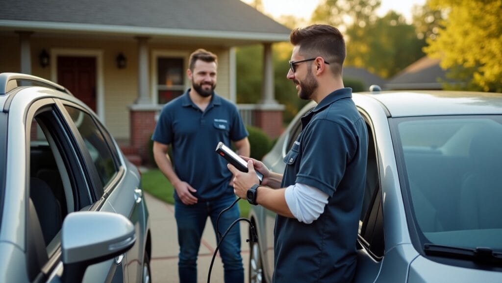 A professional mobile mechanic working on a car parked in a suburban driveway in Fayetteville, Arkansas. The mechanic is wearing a uniform and using diagnostic tools from a van equipped with auto repair equipment. The homeowner is visible inside the house through a window, cooking dinner—illustrating convenience and modern car service at home. The Ozark mountains subtly in the background, natural daylight.