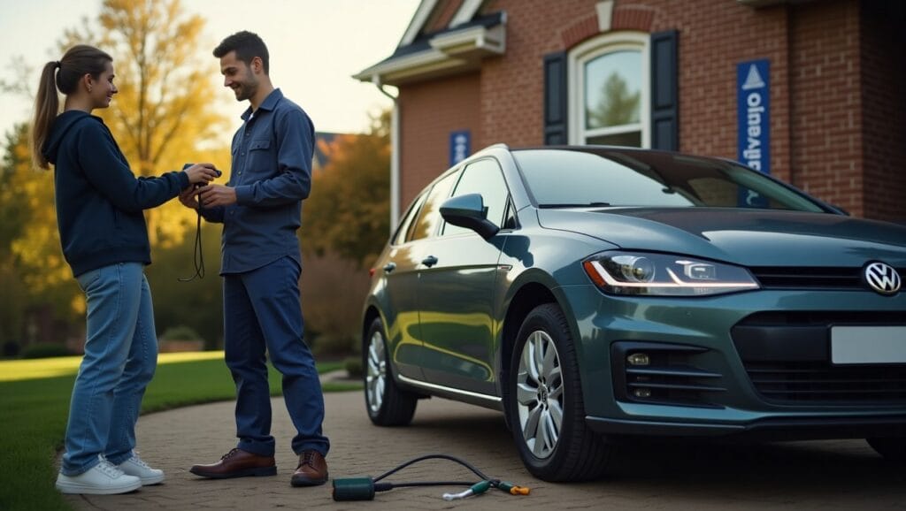 A professional mobile mechanic working on a car parked in a suburban driveway in Fayetteville, Arkansas. The mechanic is wearing a uniform and using diagnostic tools from a van equipped with auto repair equipment. The homeowner is visible inside the house through a window, cooking dinner—illustrating convenience and modern car service at home. The Ozark mountains subtly in the background, natural daylight.