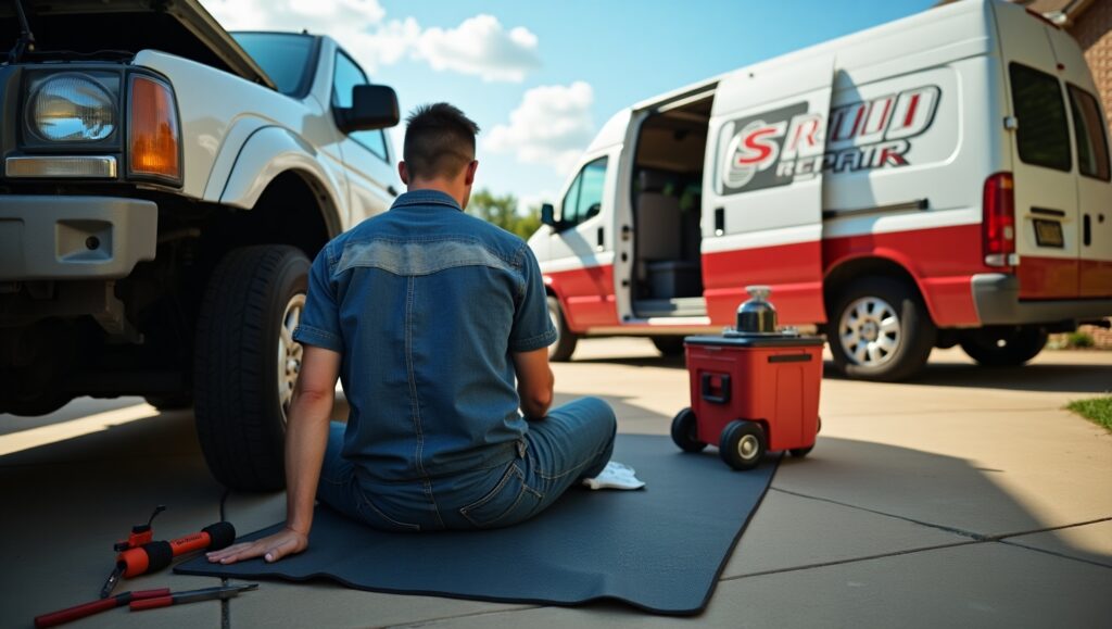A certified mobile mechanic replacing a car clutch in a residential driveway in Fayetteville, Arkansas, with tools and a van nearby on a sunny day.