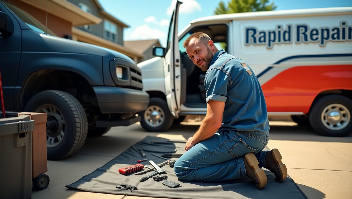 certified mobile mechanic replacing a car clutch in a residential driveway in Fayetteville
